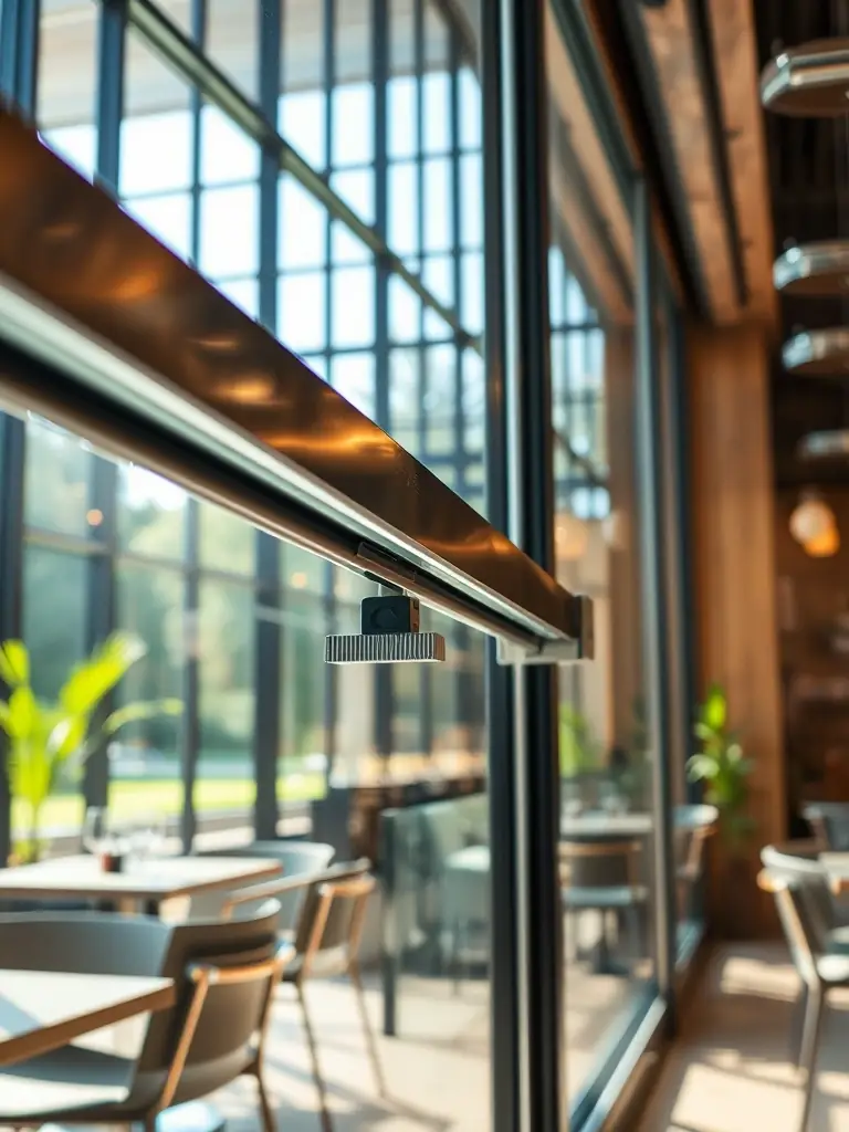 A close-up shot of a Konart Metal USA guillotine glass system in a restaurant setting, showcasing its smooth operation and unobstructed views.