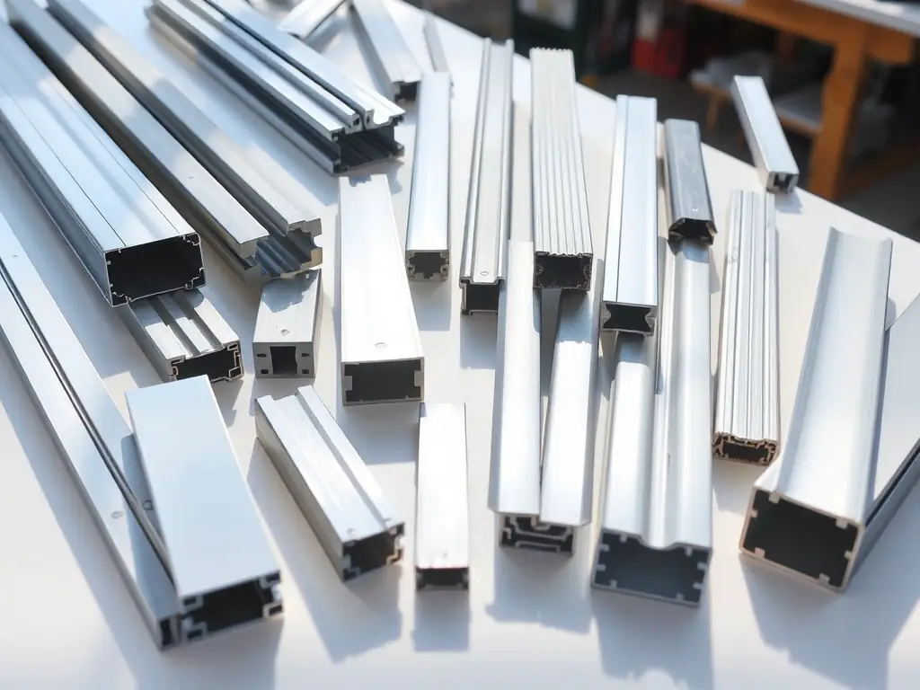 A high-resolution image showcasing a variety of aluminum profiles used in a modern building facade, highlighting their sleek design and structural applications.