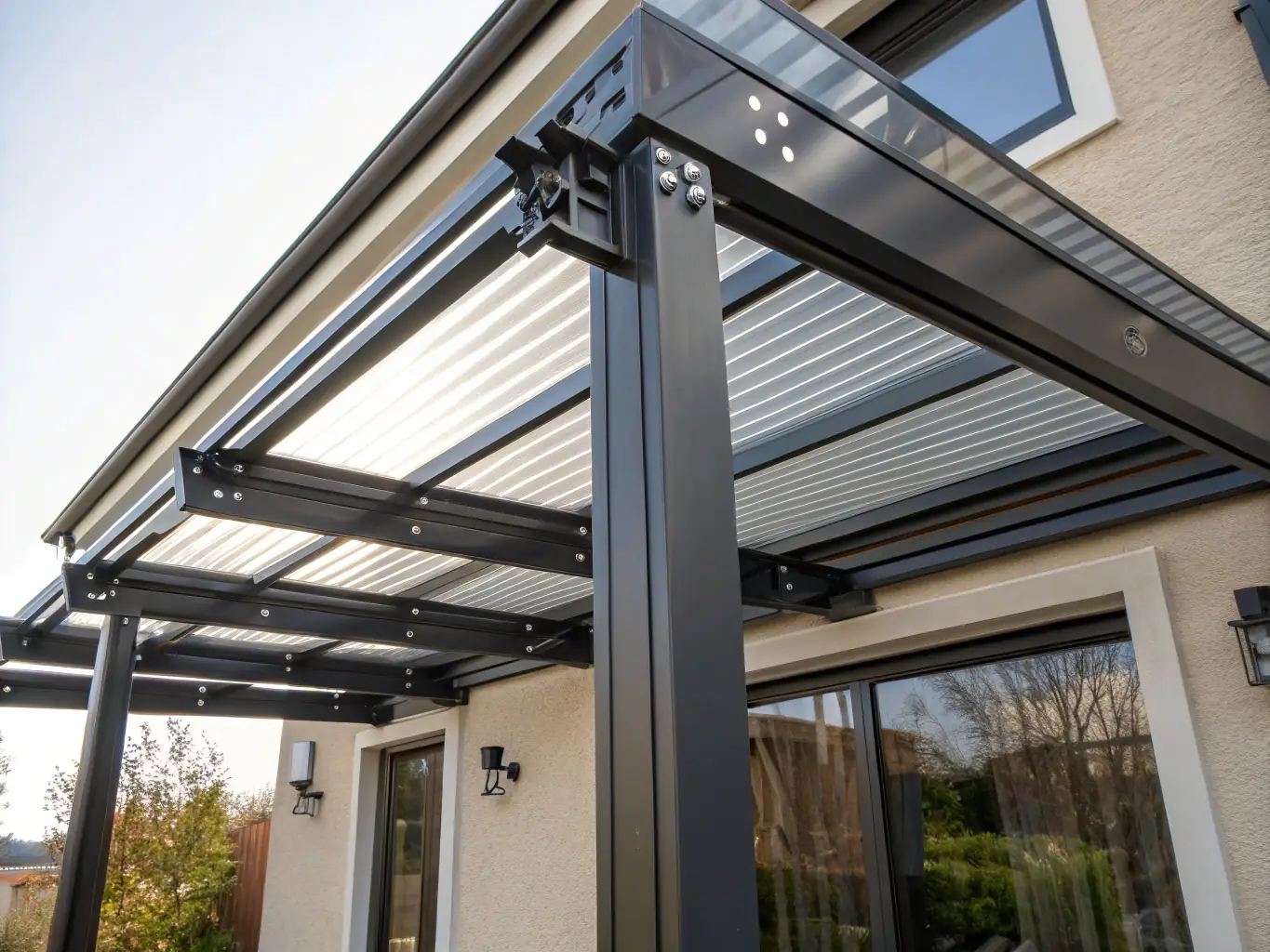 A detailed close-up shot of the Bioclimatic Pergola's louver system, highlighting the quality of the aluminum and the smooth operation of the adjustable slats. The background is blurred to keep focus on the mechanism and material.