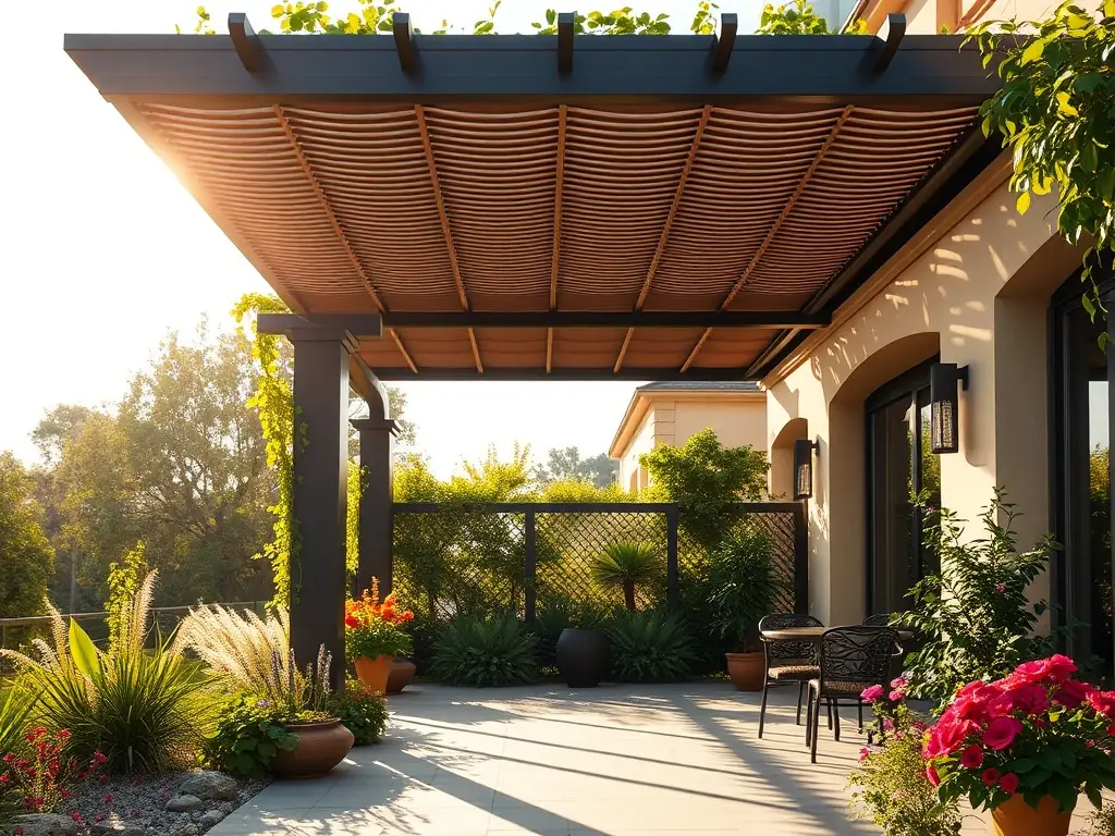 A high-resolution photograph showcasing a Konart Metal USA Bioclimatic Pergola installed in a modern residential garden. The pergola is partially open, allowing sunlight to filter through, with stylish outdoor furniture underneath. The image emphasizes the pergola's sleek design and integration with the surrounding landscape.
