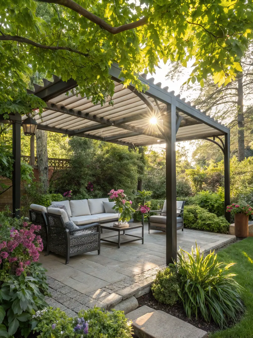 A photograph of a modern outdoor living space featuring a Konart Metal USA bioclimatic pergola, with adjustable louvers partially open to let in dappled sunlight.