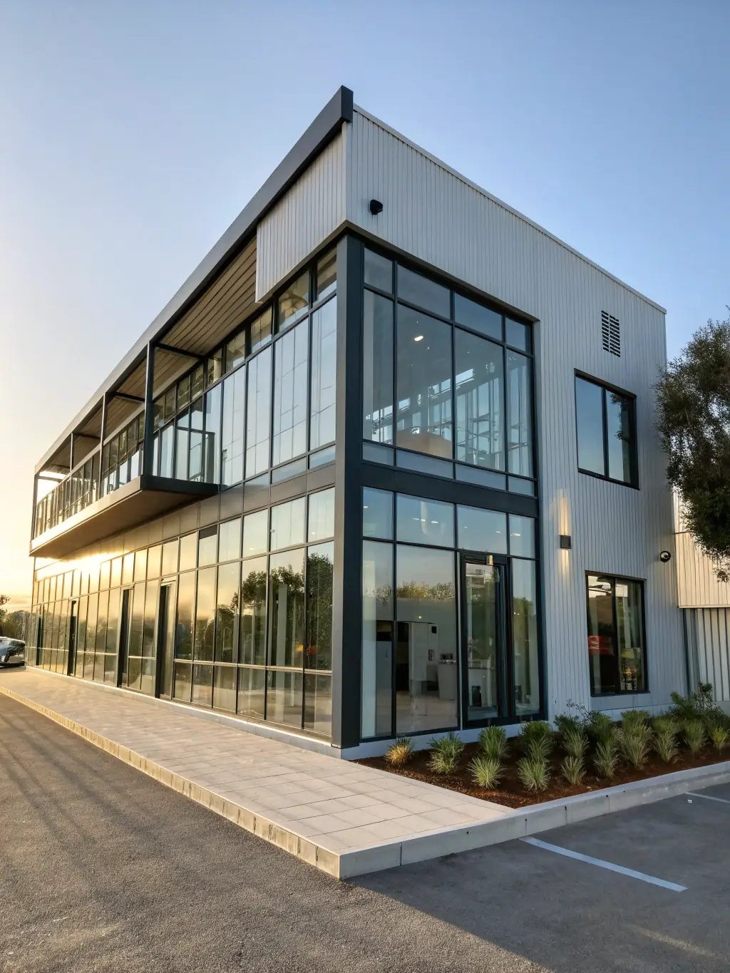 A high-angle, sunlit photograph showcasing a modern building facade clad in Konart Metal USA's aluminum profiles, emphasizing the clean lines and seamless integration of the system.