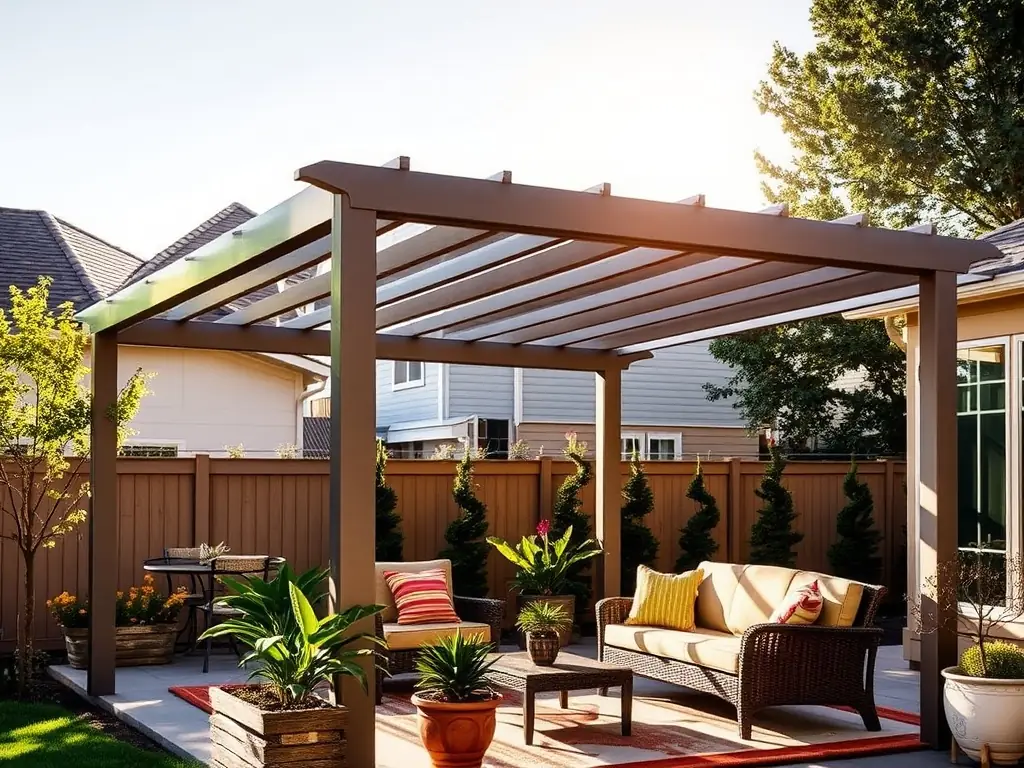 A visually appealing image of a bioclimatic pergola installed in a residential setting, highlighting its adjustable louvers and modern design.