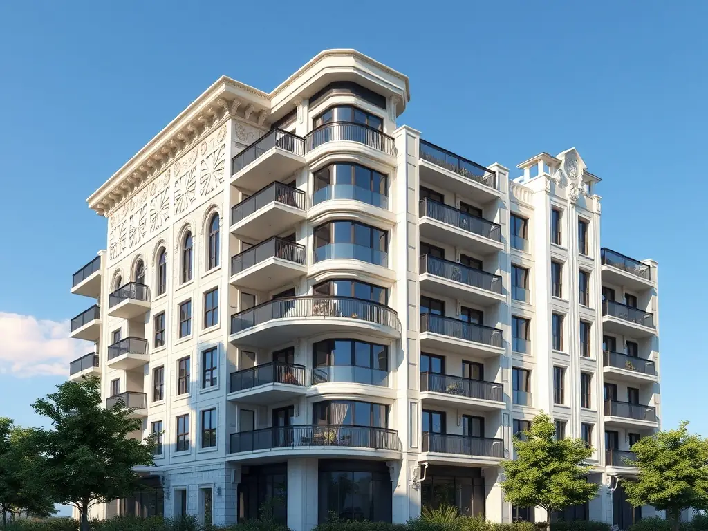 An architectural rendering of a commercial building featuring multiple Konart Metal USA Bioclimatic Pergolas integrated into the facade. The rendering showcases the pergolas' ability to enhance the building's aesthetic and provide functional outdoor spaces for occupants.