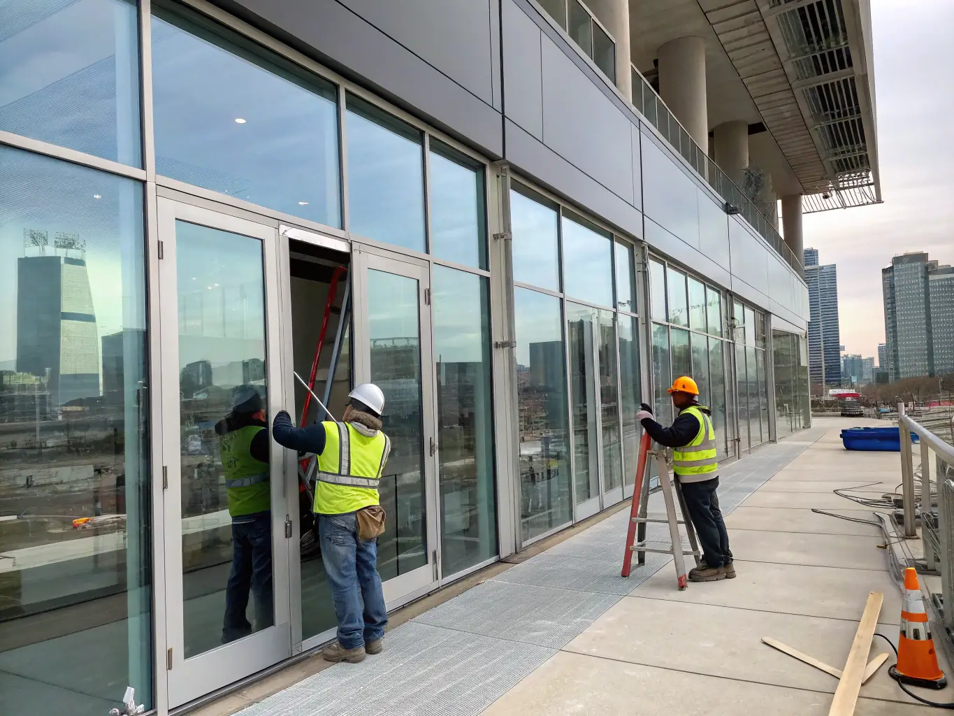 An elegant image of a guilletine glass system in a commercial building, showcasing its seamless integration and space-saving design.